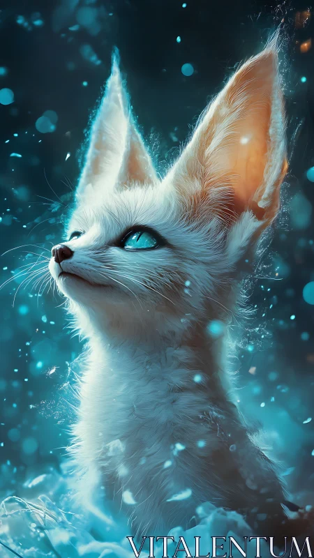 Luminous arctic fox portrait gazes upward in falling snow