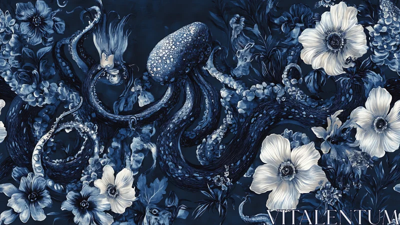 Octopus and blossoms entwine in deep indigo fantasy seascape.