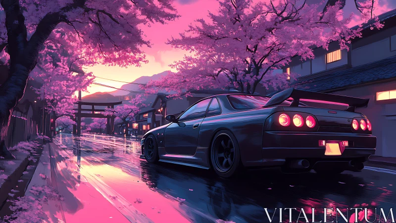 Sports coupe on wet street under pink cherry blossoms.
