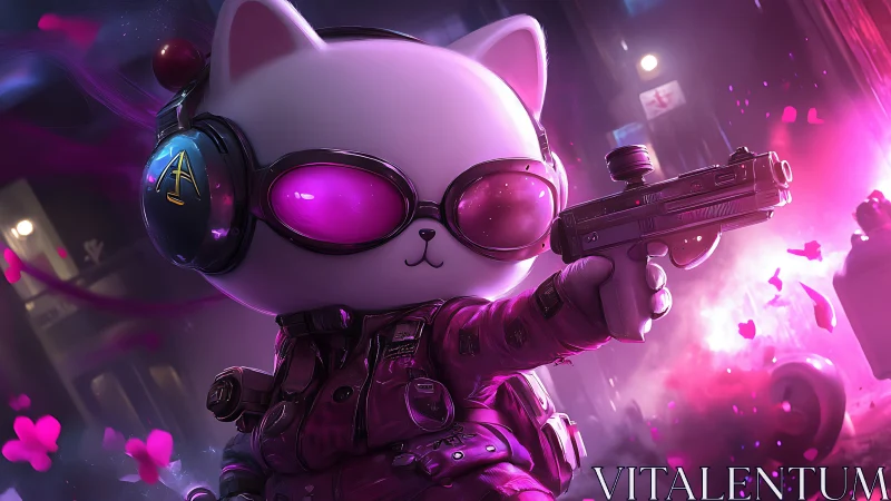 Neon ballistics cat operative with visor optics in alleyway.
