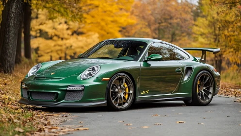 Emerald track hunter parked in a golden autumn hush.