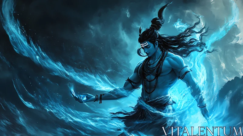 Mythic blue figure stands in swirling luminous energy field