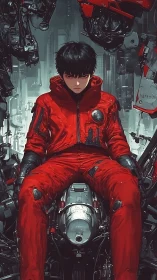 Young man in red flight suit sits amid dense machinery