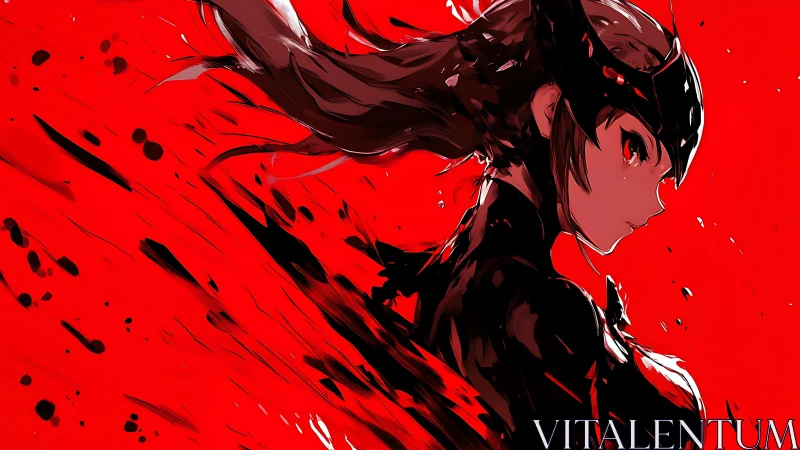 Crimson-clad warrior profile in dynamic ink-splash motion.