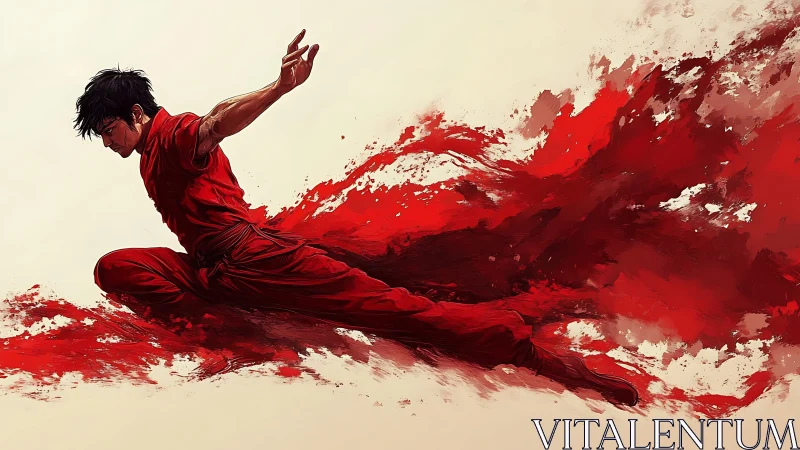 Dynamic martial artist in mid-air leap with fluid red motion trail