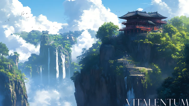 Sky temple above misty waterfalls and sunlit cliffs.