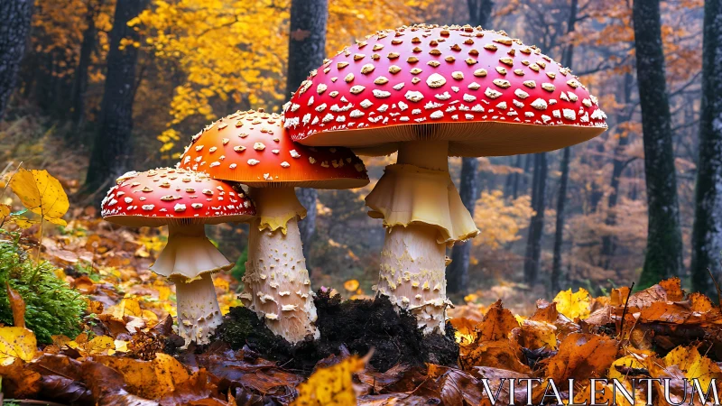 Bright red forest mushrooms glow warmly in golden autumn woods