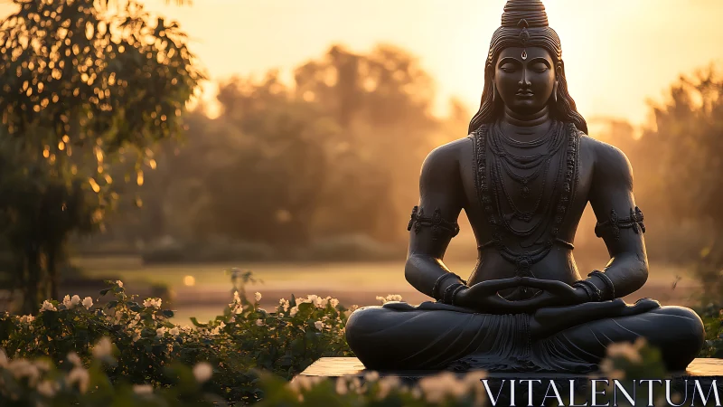 Meditating Shiva statue in garden at warm sunrise glow.