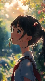 Anime schoolgirl in glowing forest bokeh at golden hour.