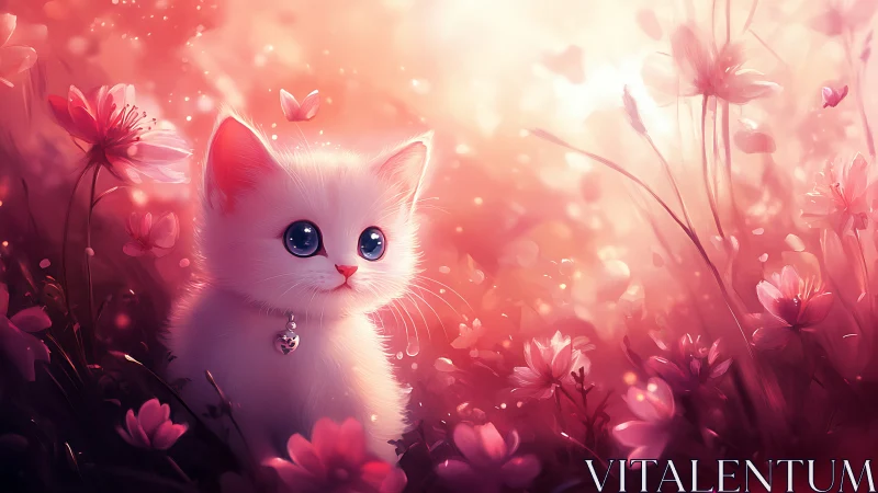 White Kitten in Luminous Bloom Field: Fantastical Digital Rendering.