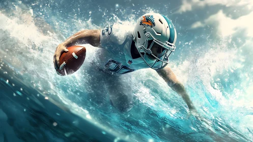 Ocean-surge football runner in dynamic aquatic collision.