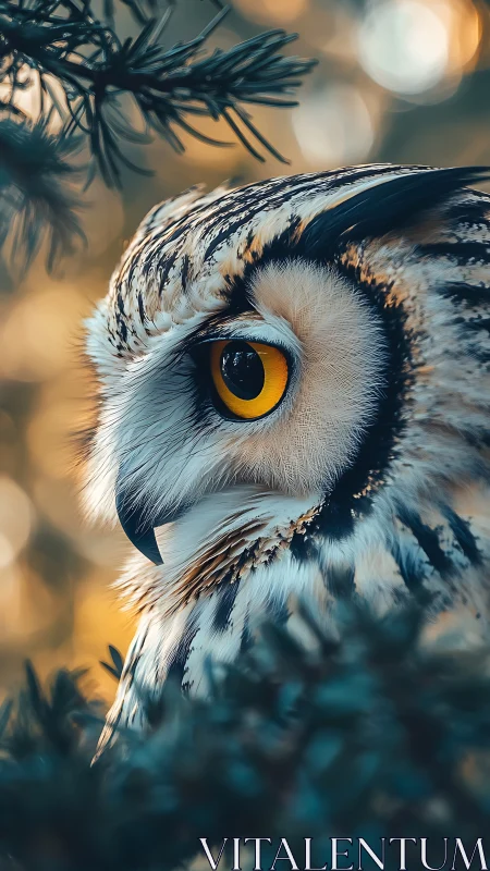 Forest sentinel owl gazing through amber evening bokeh.