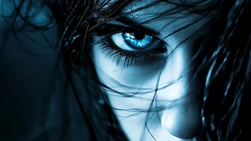 Intense blue eye pierces through dark strands of hair dramatically.