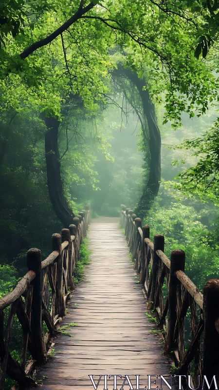 Inviting wooden forest bridge leads into soft green morning mist