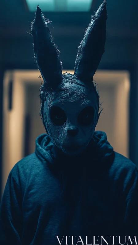 Backlit corridor portrait shows hooded figure in distressed rabbit mask