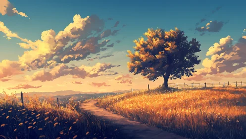 Luminous rural tree under volumetric sunset cloudscape rendering.