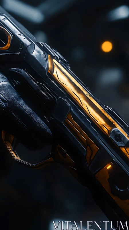 Futuristic tactical rifle close‑up with metallic orange inlays.