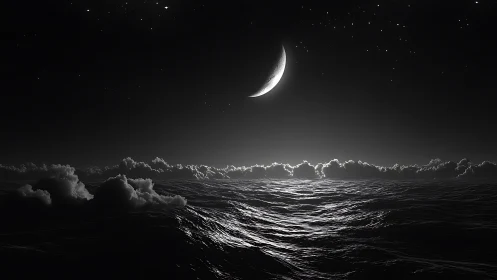 Moonlit waves drifting beneath a quiet crescent sky.