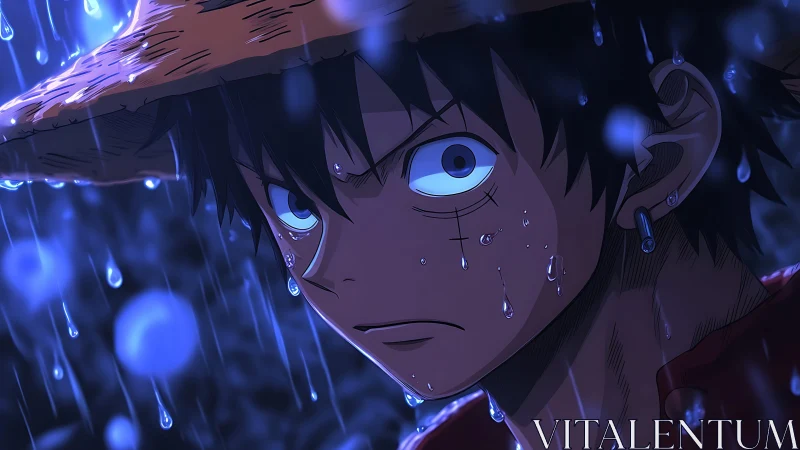 Stormlit anime hero holds fierce resolve beneath the rain