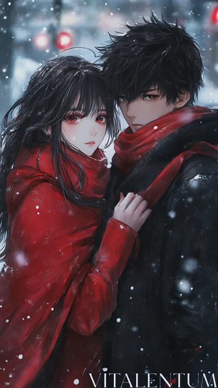 Anime couple in red scarves standing together in snow.
