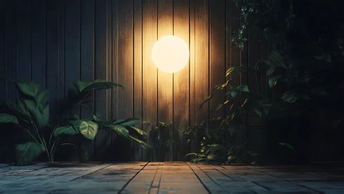 Round wall light above wooden deck with surrounding plants.