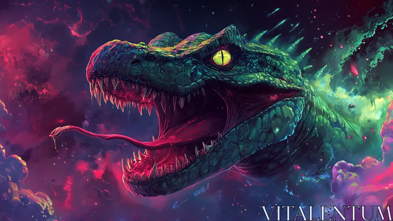 Neon cosmic serpent lunging with open maw in space