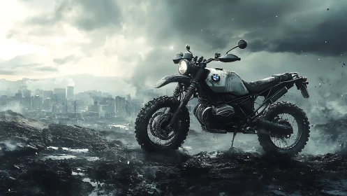 BMW adventure motorcycle on muddy ridge near stormy city