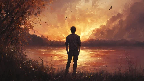 Quiet evening by the lake with a thoughtful sunset watcher.