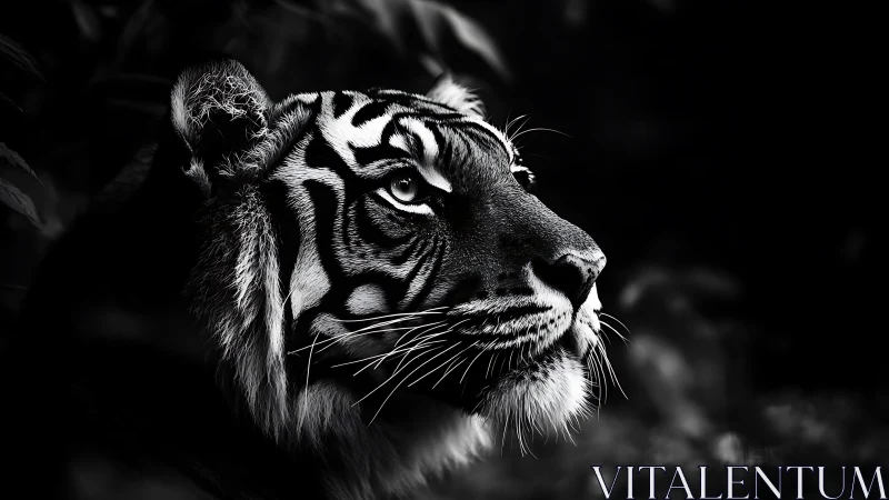 Monochrome profile portrait of a focused adult tiger.