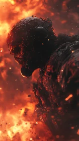 Flaming armored soldier profile amid explosive inferno.
