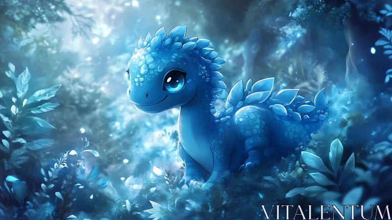 Blue baby dragon stands in glowing fantasy forest under light