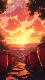 Barrels march downhill while the sunset paints their drums