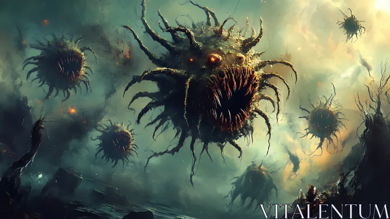 Storm of cosmic sea monsters drifting through twilight skies.