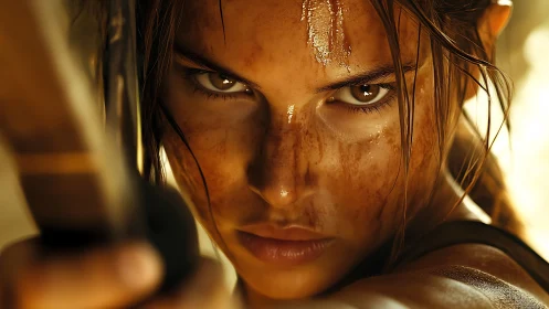 Warrior archer close-up with intense cinematic focus.