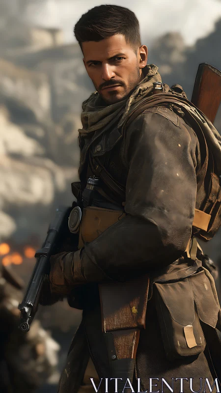 World War era soldier holding rifle in rocky battlefield.