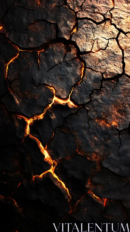 Incandescent Fractures Through Volcanic Basalt Surface.