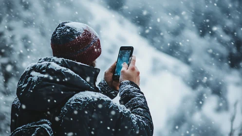 Person uses smartphone outdoors during active snowfall