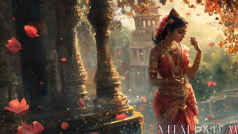 Regal South Asian bride in ornate temple courtyard at dusk