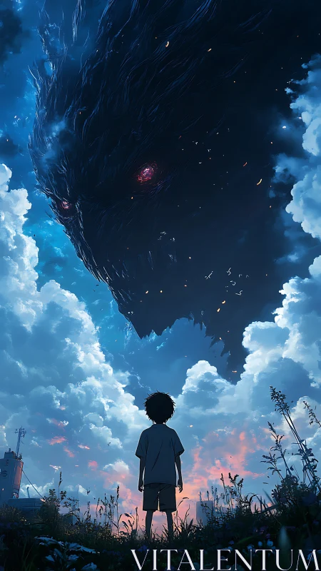 Boy beneath a colossal sky monster in glowing twilight.