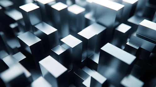 Gleaming metallic blocks rise in a calm abstract cityscape