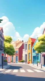 Quiet urban street with colorful row houses and trees.