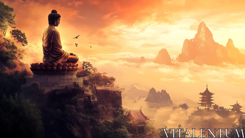 Mountain Buddha above misty temples at blazing sunrise.