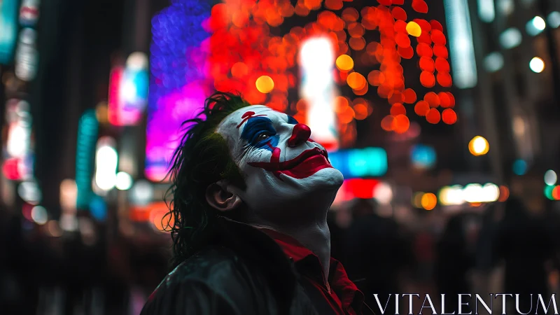 Clown-makeup figure in neon-lit city street at night scene.