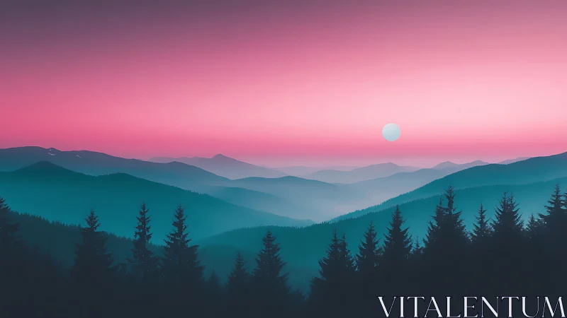 Neon dusk over layered mountain ridges in stylized gradient