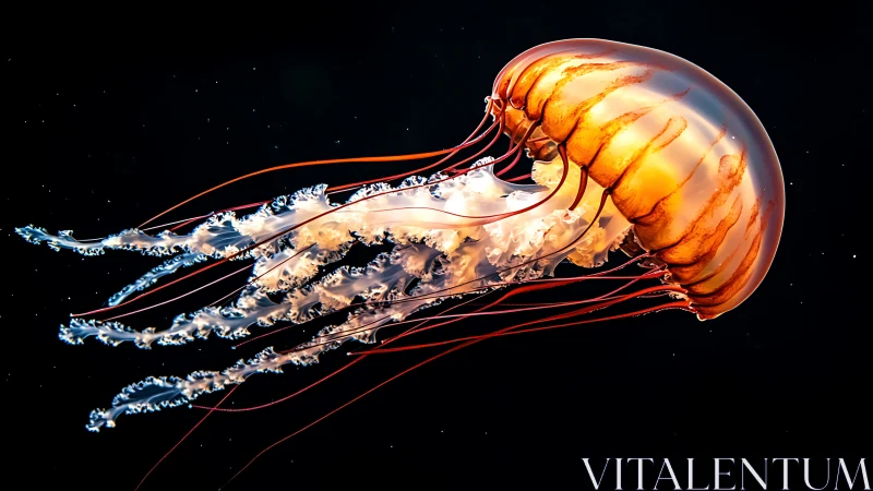 Luminous jellyfish glides through dark ocean depths gracefully.