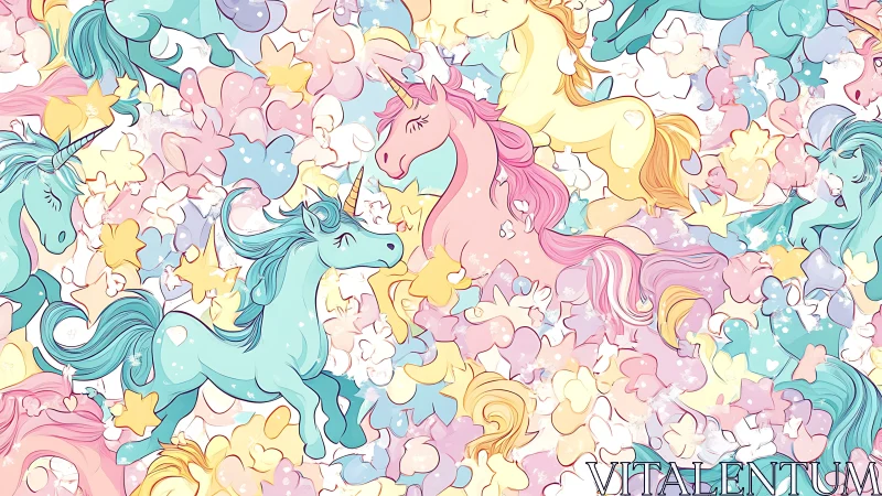 Pastel unicorn pattern fills dense dreamy cloud field