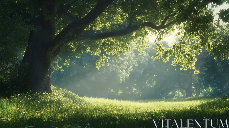 Sunlit forest clearing with large tree and soft morning haze.