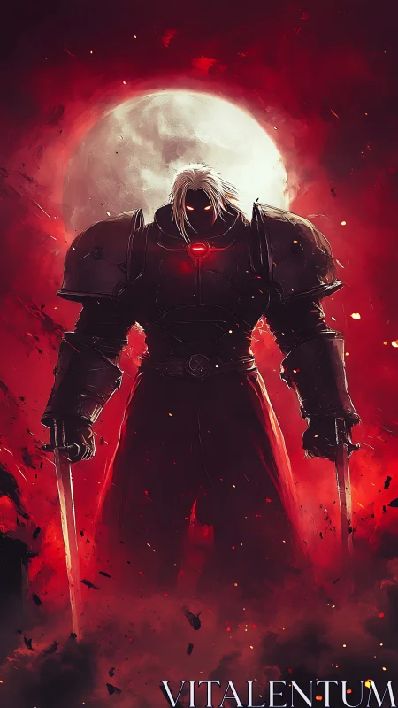 Digital painting of armored blood-red warrior under full moon.