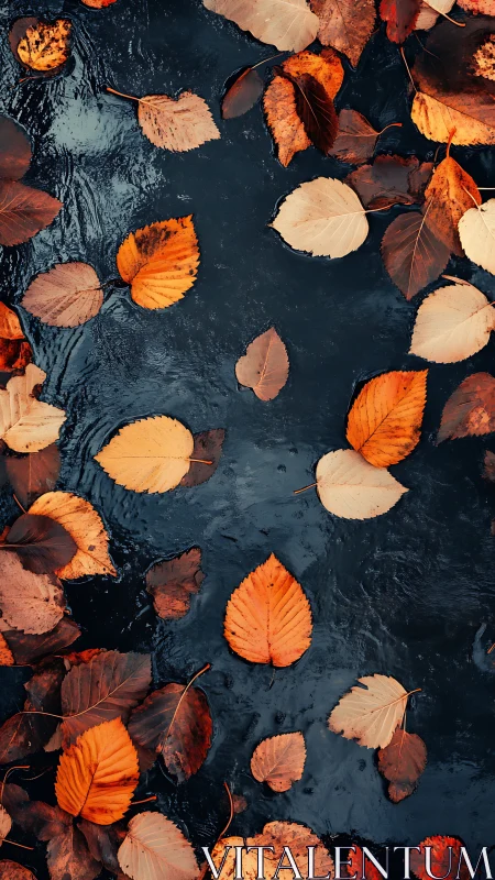 Fallen autumn leaves lie on the dark surface of moving water