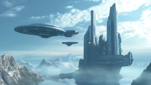 Calm starport skyline over misty alpine waters.